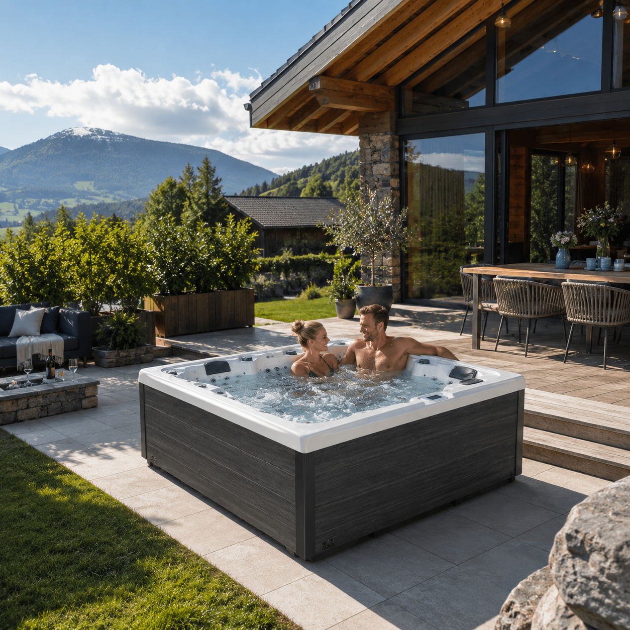 Waterwave Whirlpool auf einer Terrasse mit Bergblick